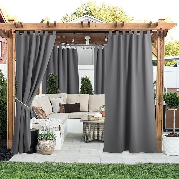 NICETOWN 2 Pieces Porch Curtainss Outdoor Waterproof 120" Extra Long, Detachable Sticky Tab Top Blackout Indoor Outdoor Living Dividers Thermal Insulated Blinds for Patio & Pergola, Grey, 104" W Total