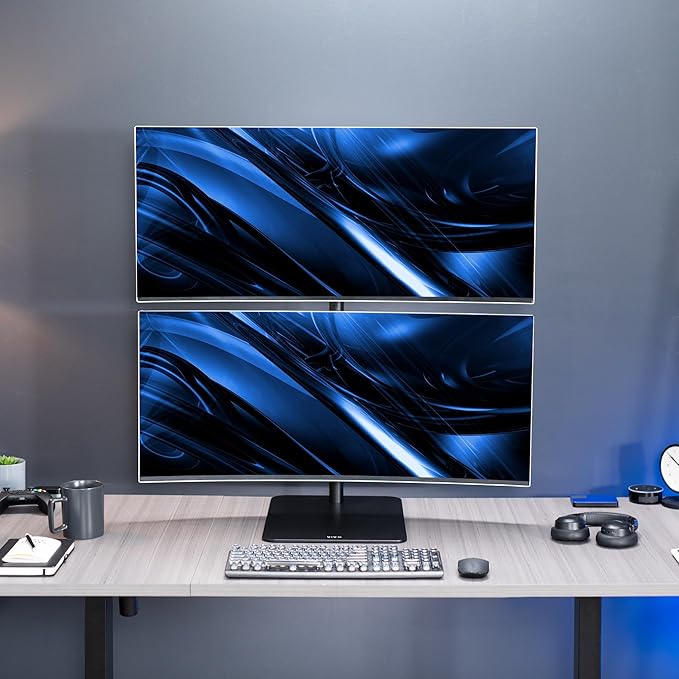 VIVO Freestanding Dual Vertically Stacked Ultra-Wide Monitor Desk Stand, Extra Tall Heavy Duty Adjustable Mount for 2 Ultrawide Screens up to 45 inches, 25 lbs Per Screen Capacity, Black, STAND-V200L