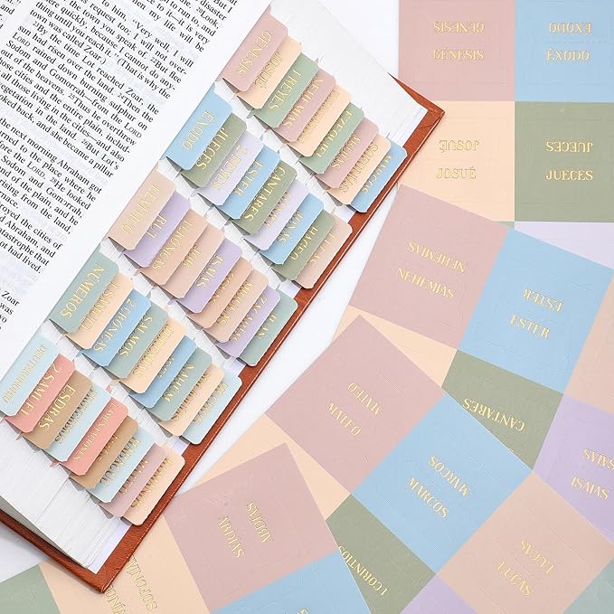 Spanish Bible Tabs, Multicolor 66 Gold Foil Lettering Chapter Labels + 39 Blank Tabs for DIY, Includes Alignment Ruler, Bible Index Stickers in Spanish, Bible Journaling Supplies for Women Study
