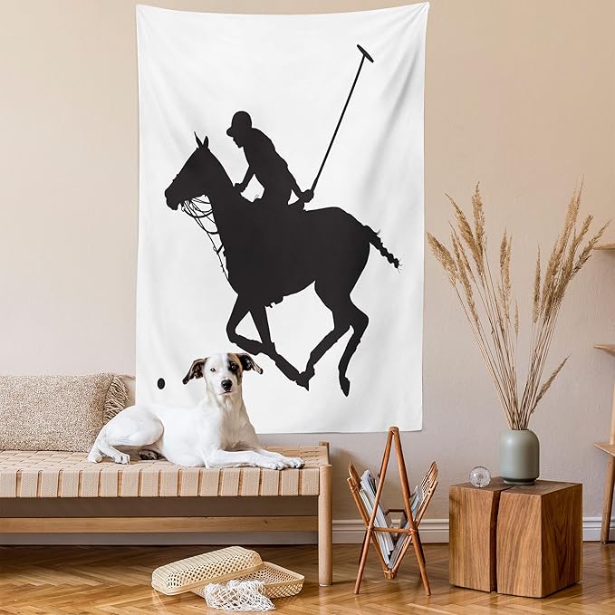 Ambesonne Sports Tapestry Twin Size, Silhouette Illustration of Polo Player on a Horse Hitting a Ball Print, Wall Hanging Bedspread Bed Cover Wall Decor, Twin Size, Charcoal Grey