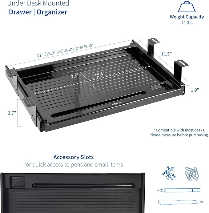 VIVO 17 inch Under Desk Slim Slide Out Pencil Drawer, Home Office Storage Organizer Tray, Black, DESK-AC04D