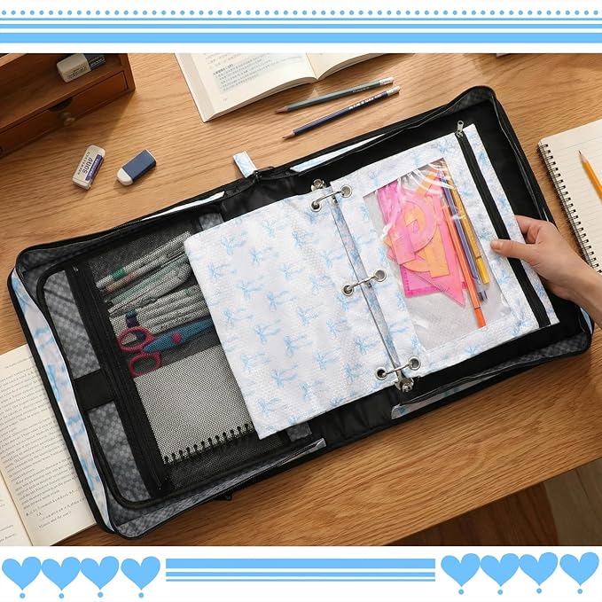 4 Pcs Blue Bow Coquette Zipper Binder with Pouch Bag Set 1.5 Inch 3-Ring Expanding Folders with Shoulder Straps and Handle Bowknot Keeper Watercolor Zipper Case for Office