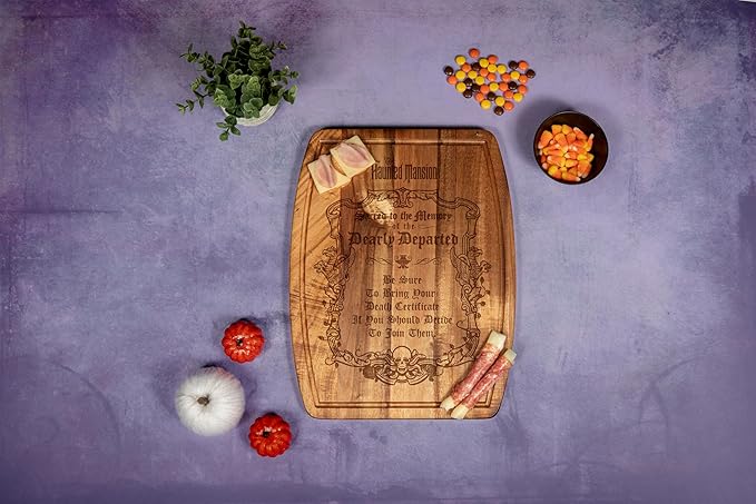 PICNIC TIME Disney Haunted Mansion Dearly Departed Ovale Acacia Cutting Board Serving Board Charcuterie Cheese Board with Juice Groove Spooky Kitchen Decor Gift, (Acacia Wood)
