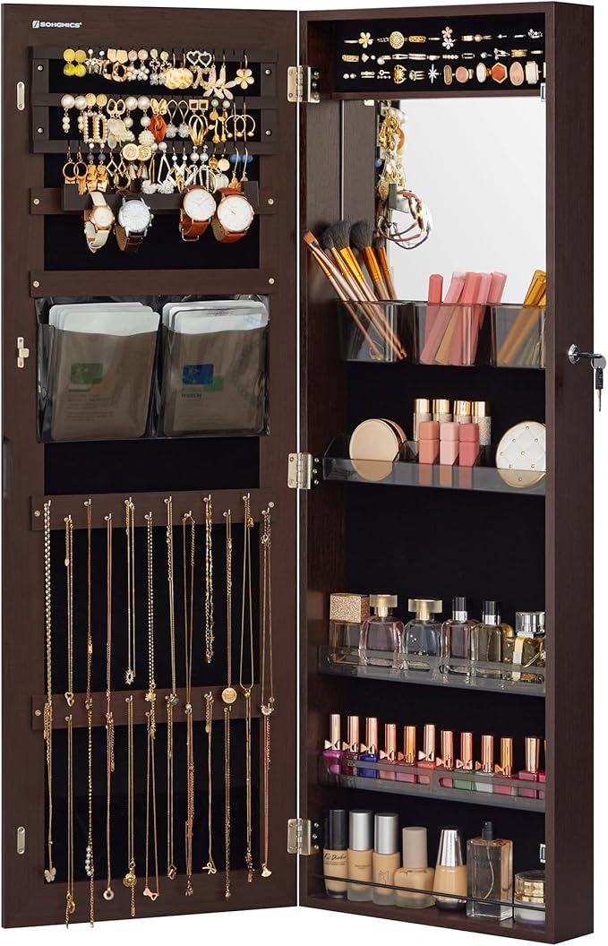 SONGMICS Jewelry Cabinet Armoire, Wall or Door Mount Storage Organizer with Full-Length Frameless Mirror, Lockable Cabinet with Built-in Small Mirror, Shelves, Gift Idea, Brown UJJC003K01