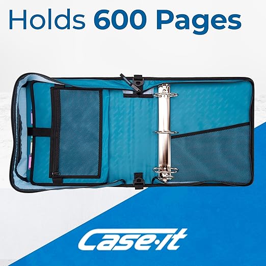 Case-it Mighty Zip Tab School Zipper Binder | 3-Inch O-Rings, 600-Sheet Capacity, 5-Subject Expanding File Folder, Multiple Pockets & Storage Organizer, Shoulder Strap | D-146 Wave