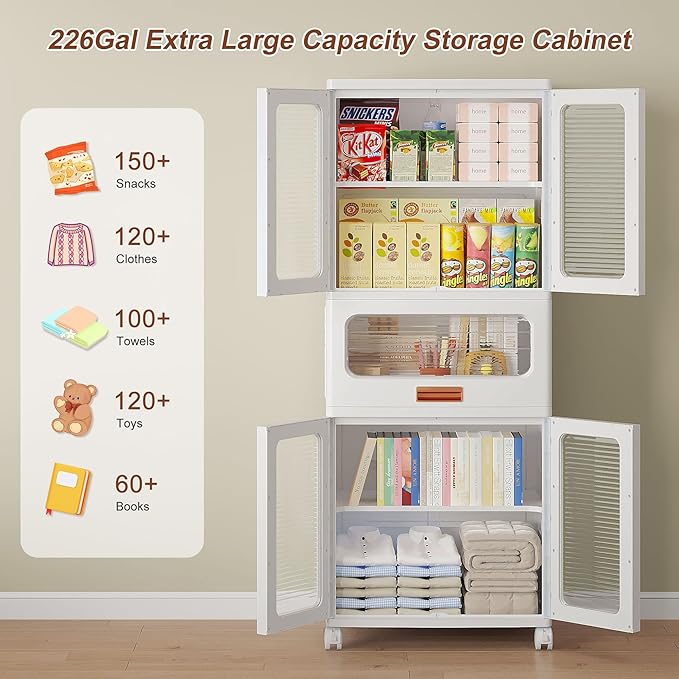 VECELO 226QT Stackable Storage Bins with Lids, Large Storage Cabinet with Drawer and Doors, Movable Wheels, Adjustable Shelves, Anti-Tip, for Living Room, Bedroom, Kitchen, White
