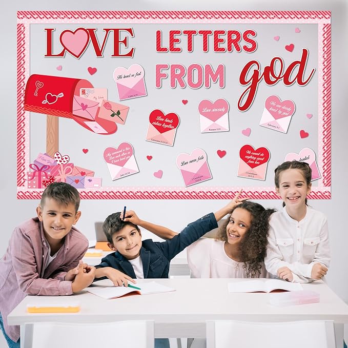 Valentine's Day Christian Bulletin Board Set Valentine's Day Religious Jesus Bible Verse Classroom Decorations Love Letters from God Paper Cutouts for Church School Home Chalkboard Wall Door Decor