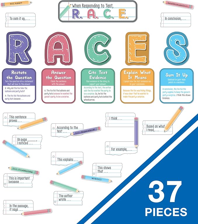 Carson Dellosa 37-Piece Races Writing Process Bulletin Board Decorations Set, Pencil Cutouts, Sentence Strips, and Strategy Charts, ELA Classroom Decor and Teacher Supplies