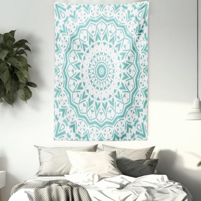 Ambesonne Aqua Tapestry, Mandala Tie Dye Effect Floral Leaves Seem Design Image Art Print, Wall Hanging for Bedroom Living Room Dorm Decor, 40" X 60", Sea Green White