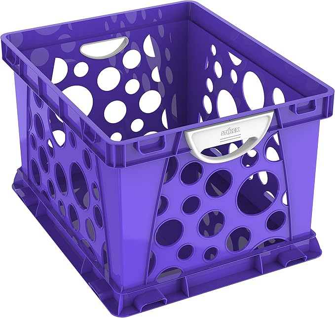 Storex Premium File Crate with Molded Handles – Letter and Legal Document and Folder Storage, Purple/White, 1-Pack (61754F03C)
