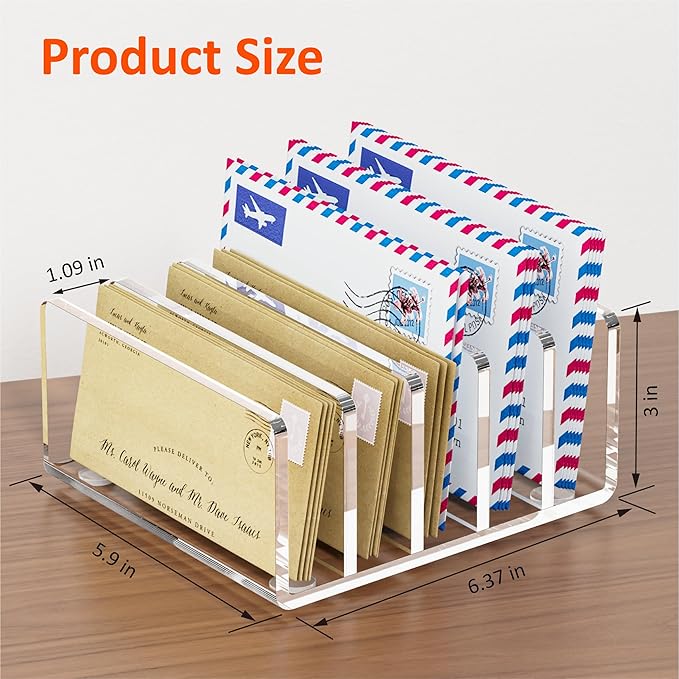 Desk Mail Organizer, 5 Section Clear Acrylic File Holder Letter Organizer, Vertical Lightweight Modern Envelope Holder Desk Accessories & Workspace Organizers for Office, Home, School