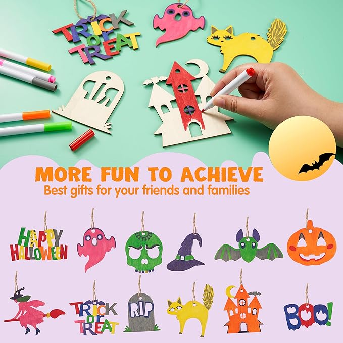 JOYIN 60 Pcs Halloween Craft Wooden Painting Kit, Halloween Party Supplies, Party Favors for Kids, Wood Blank Cutouts Ornaments, Gift Tags Decor for School Art DIY Activities Goodies Games