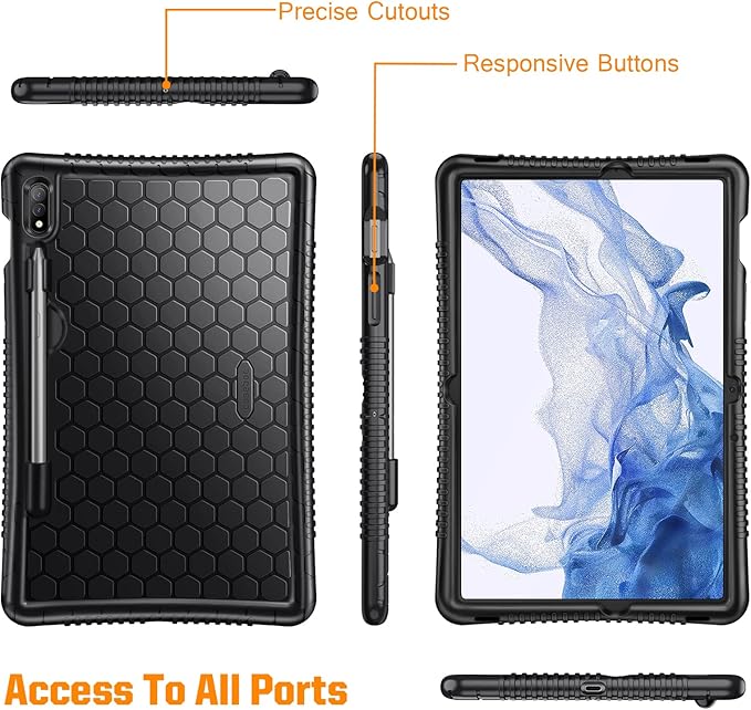 Fintie Silicone Case for Samsung Galaxy Tab S8/Tab S7 11 Inch (Model SM-X700/X706/T870/T875/T878), [S Pen Holder] Honey Comb Series Kids Friendly Light Weight Shock Proof Protective Cover, Black