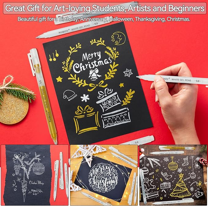 PANDAFLY Gold Silver White Gel Pens, 0.8mm Fine Point Opaque Archival Ink Pen for Journaling, Art, or Drawing - For Artist Gifts, Holiday Gifts & DIY Projects, 3 Pack
