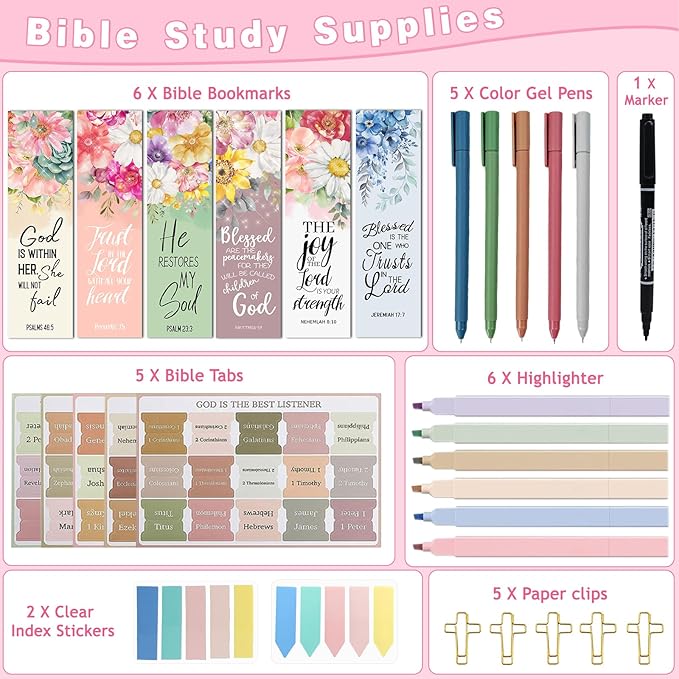 Bible Study Supplies for Women, Bible Journaling Kit with Highlighters & Pens, Bible Tabs for Women, Sticky Notes, Bookmarks & Cross Clips – Bible Annotation Kit for Scripture Study(30pcs)