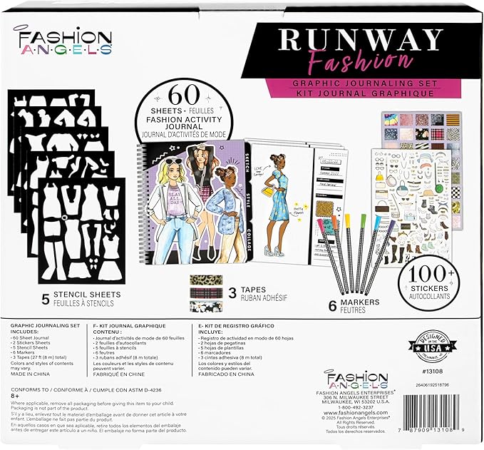 Fashion Angels Runway Fashion Graphic Journaling Set - Fashion Design Activity Journal with Markers, Stencils & Stickers - Teaches Basic Fashion Design - Beginners Fashion Sketch Pad for Kids 8 & Up