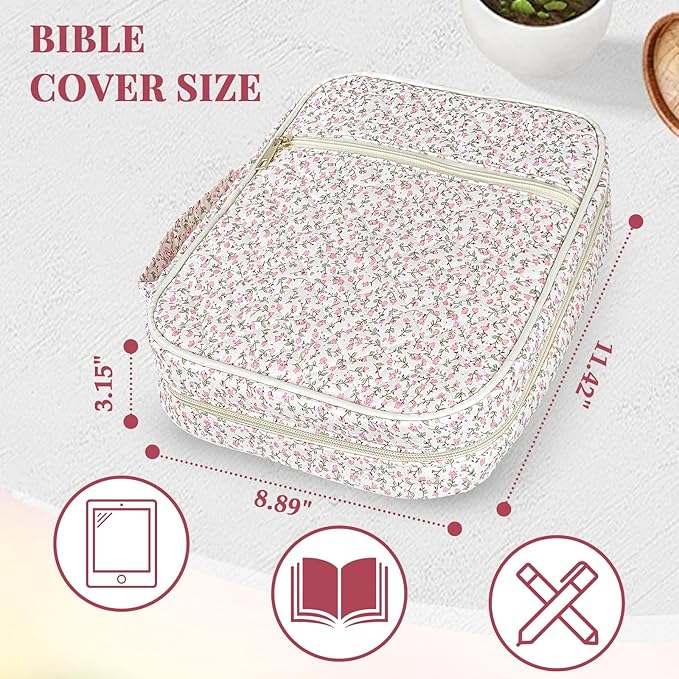 Bible Cover Case for Women,Bible Study Supplies Accessories,Bible Journaling Kit,Pink Flower Carrying Case with Highlighters