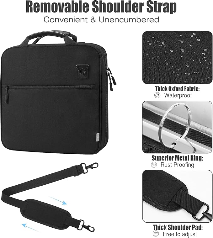 MoKo Zipper Binder, 2 Inch 3 Ring Binder with 500 Sheets Capacity & Shoulder Strap & Handle, Multi-Pocket Zipper Organizer for Middle School, Black