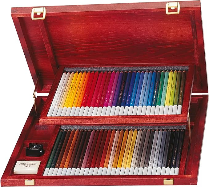 STABILO Chalk-Pastel Artist Colored Pencil CarbOthello Wooden Box of 60, Eraser, Sharpener, Blender - Watercolor Effects