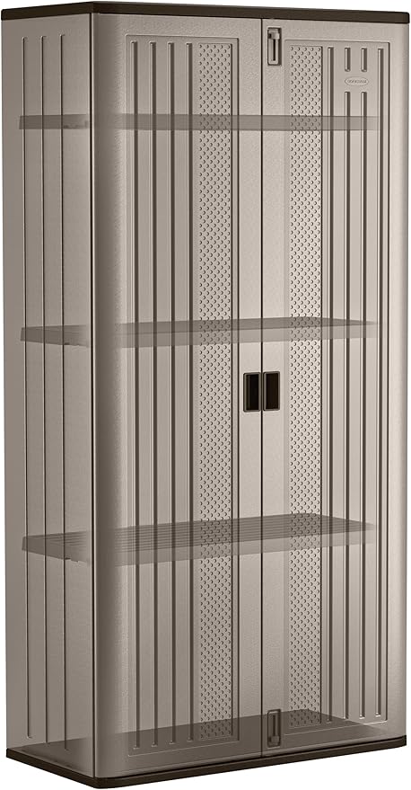 Suncast 31 Cubic Feet Mega Tall Storage Cabinet with 3 Adjustable Shelves, Platinum Metallic & Slate – Garage or Basement Utility Resin Organizer with 75 Pound Capacity Per Shelf and Lockable Doors