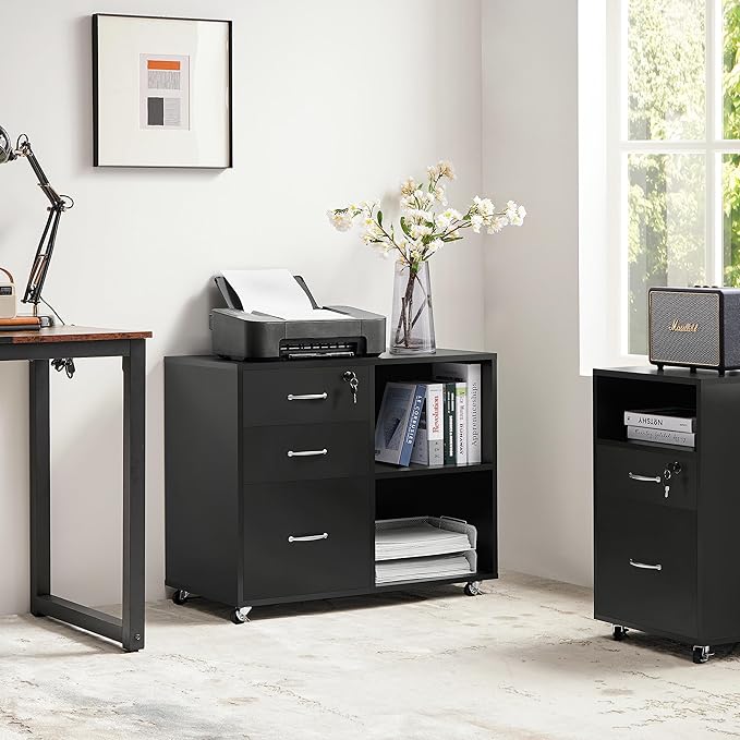 Yaheetech Black File Cabinet with Lock for Letter, A4 Size,3 Drawer Lateral Cabinet Printer Stand with Open Storage Compartments for Home Office, Black
