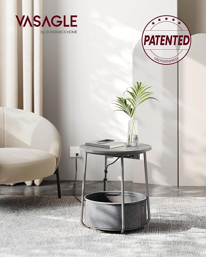 VASAGLE LILEA Collection - Side Table with Charging Station, Round End Table with Fabric Basket, Nightstand with USB Ports, for Living Room, Bedroom, Modern, Dove Gray and Slate Gray ULET228G01