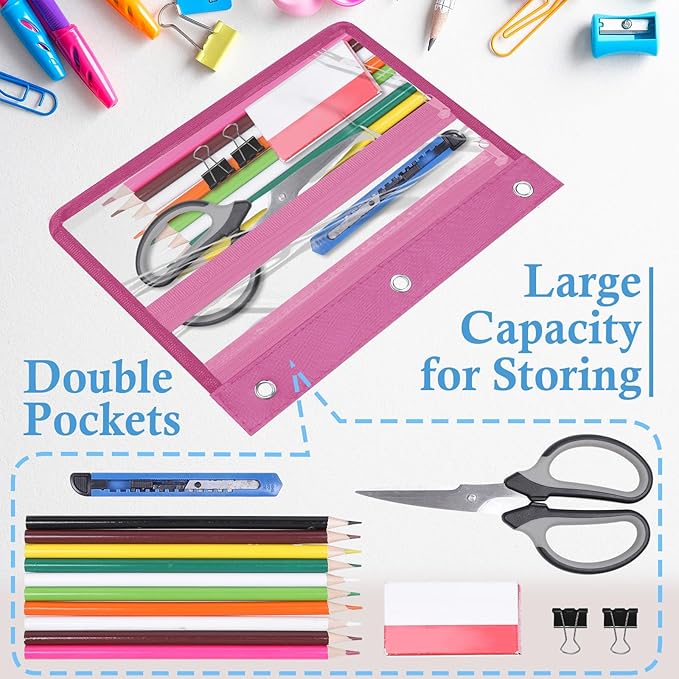 YoeeJob 6 Pack Zipper Pencil Pouches for 3 Ring Binder, 1.5 Inch Expandable with 2 Pockets and Clear Window for School and Office （Pink）