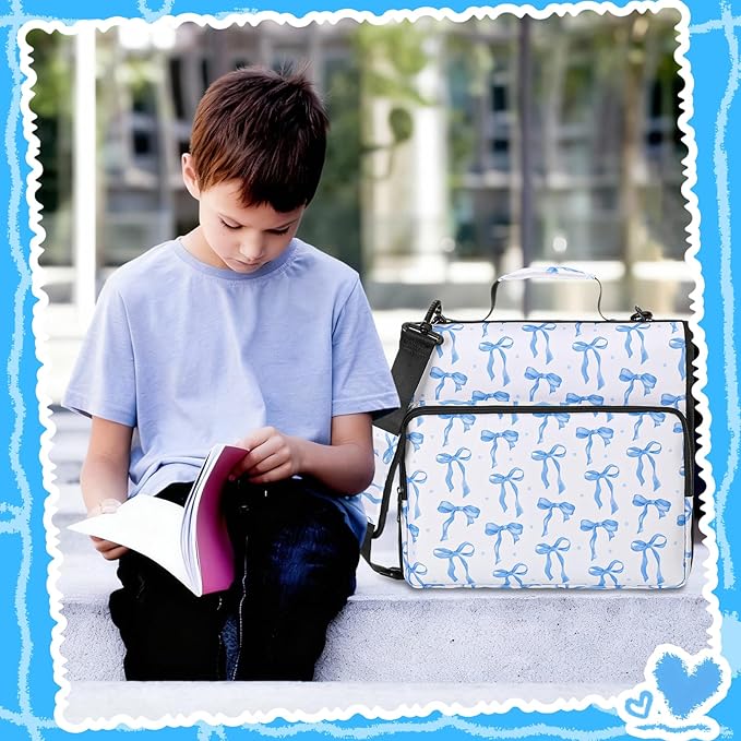 4 Pcs Blue Bow Coquette Zipper Binder with Pouch Bag Set 1.5 Inch 3-Ring Expanding Folders with Shoulder Straps and Handle Bowknot Keeper Watercolor Zipper Case for Office