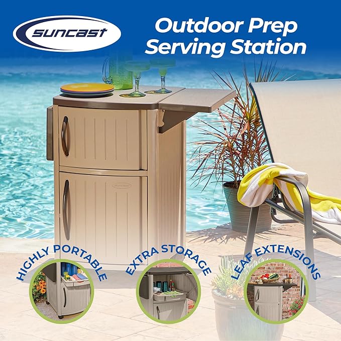 Suncast Serving Station Patio Cabinet, Portable Grill Prep Table, Light Taupe & Mocha - Includes Side Shelves, Storage Cabinets, Server Tray and Wheels for Outdoor BBQ Grilling and Backyard Dining