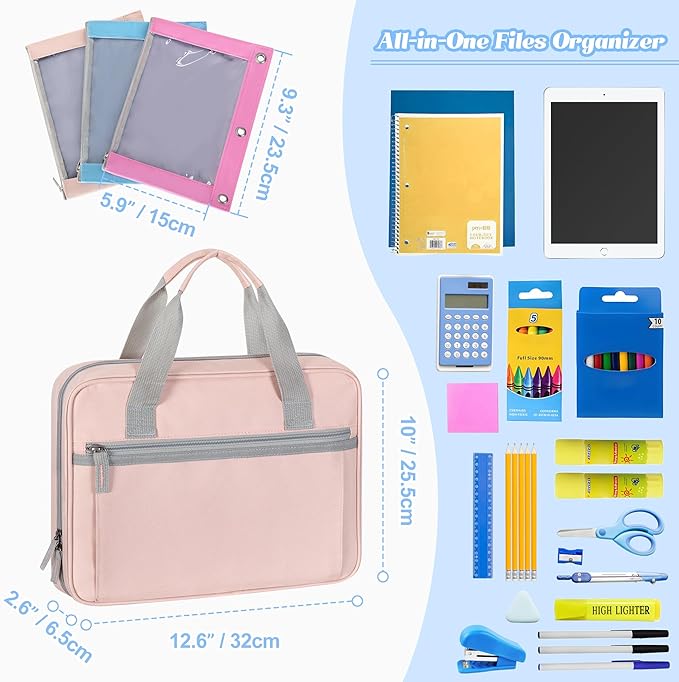 YARWO 2026 Upgraded Zipper Binder with 3 Pencil Pouches, Small File Organizer with Multi Pockets & Padded Sleeve Fits 13” iPad, Loose Leaf Paper, Name Card & Stationery for School, Office, Work, Pink
