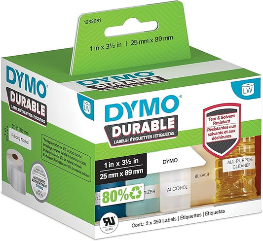 DYMO LW Durable Industrial Labels for LabelWriter Label Printers, White Poly, 1” x 3-1/2”, 2 Rolls of 350 (700 Total)