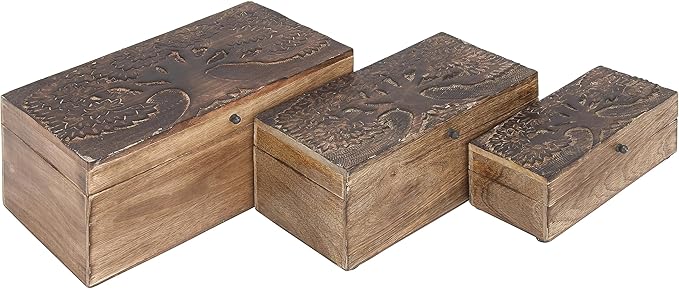 Deco 79 Mango Wood Floral Handmade Decorative Box Decorative Keepsake Boxes with Hinged Lid, Set of 3 Storage Boxes 8", 10", 12"W, Brown