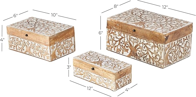Deco 79 Mango Wood Floral Decorative Box Decorative Keepsake Boxes with Hinged Lid, Set of 3 Storage Boxes 8", 10", 12"W, Brown