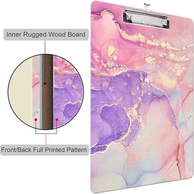 Fashion Clipboard, A4 Letter Size Wooden Decorative Clipboards for Teacher, Nurse, Doctor,Student and Kids, Cute Design for Standard Size 12.2" x 8.9" (C-Pink Purple Marble)