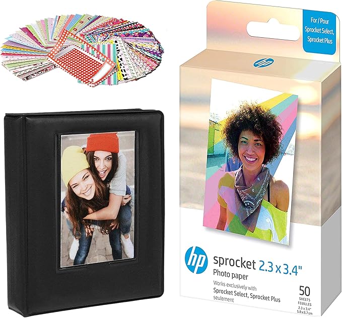 HP Sprocket 2.3 x 3.4 Premium Zink Sticky Back Photo Paper (50 Sheets) Starter Bundle