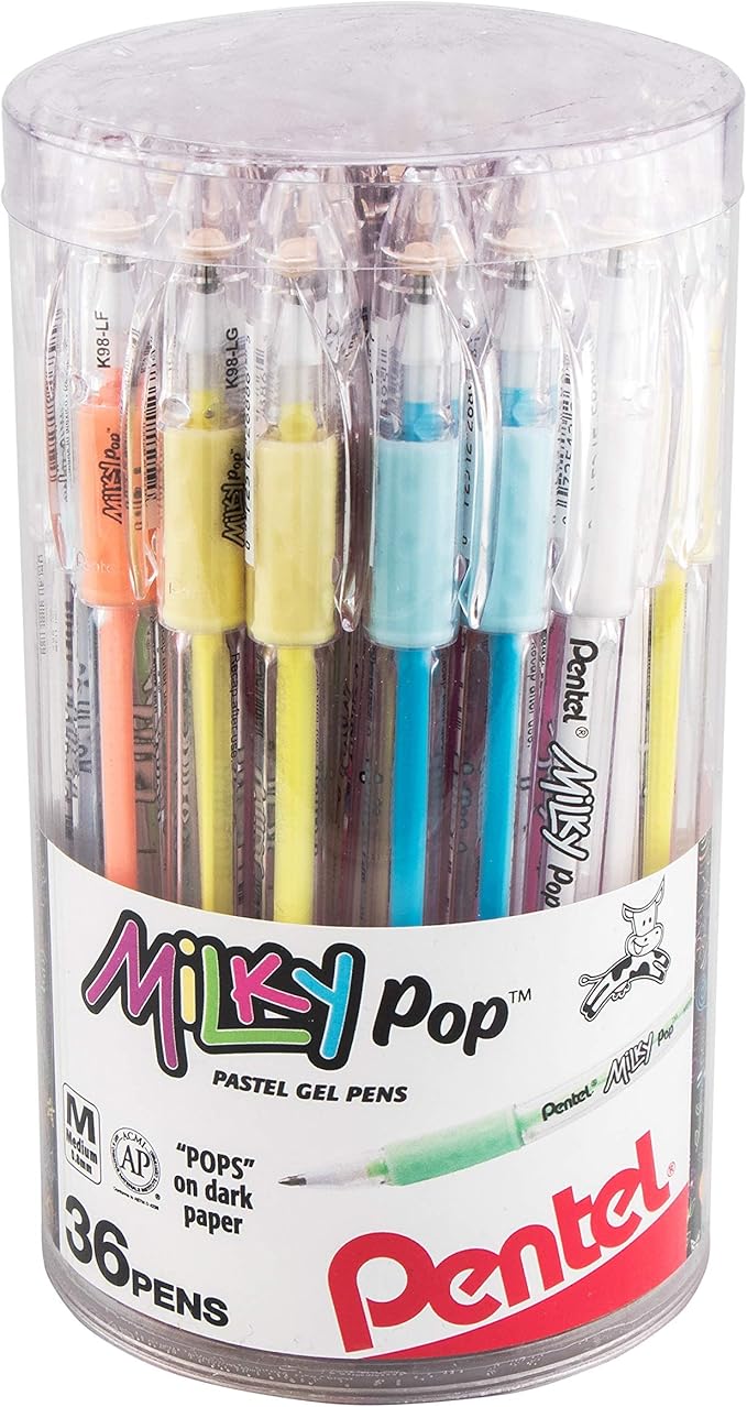 Pentel Milky POP Pastel Gel Pen, (0.8mm) Medium Line, Assorted Ink, Pack of 36, Canister (K98PC36M)