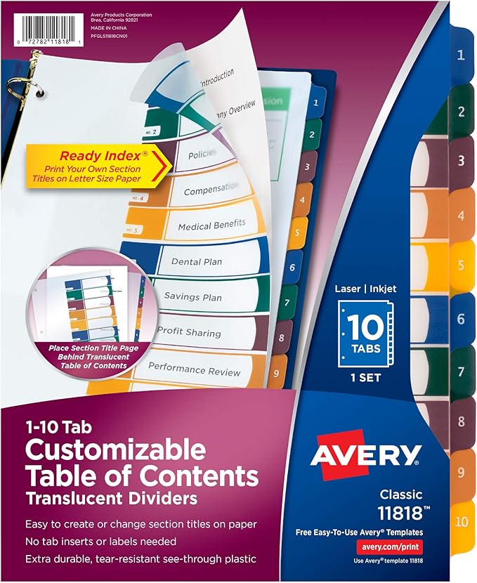 Avery Plastic 10 Tab Binder Dividers, Customizable Table of Contents, Multicolor Tabs, 1 Set (11818)