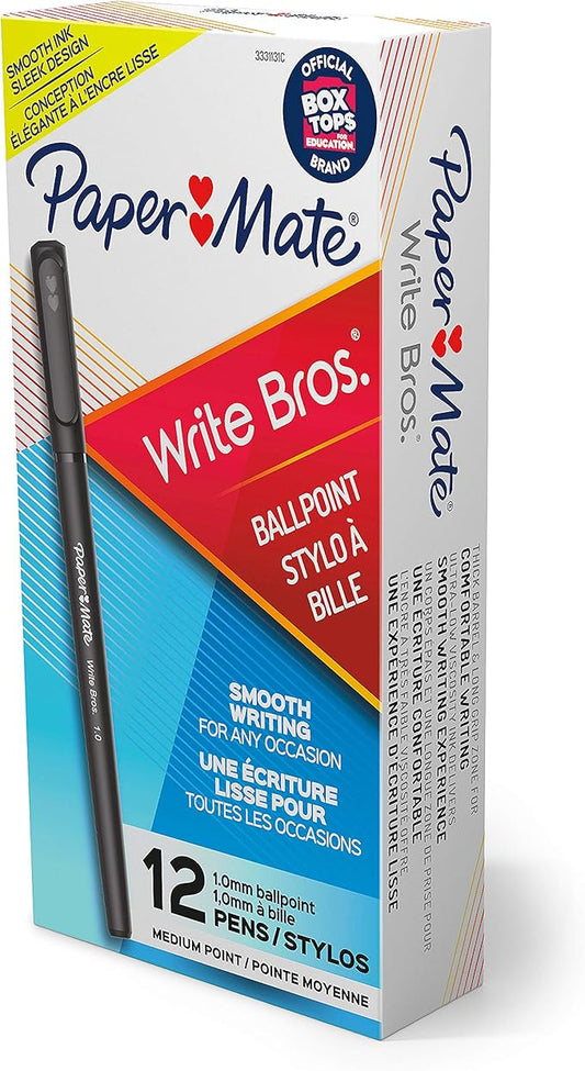 Paper Mate® Ballpoint Stick Pens, Medium Point, 1.0 mm, Black Barrel, Black Ink, Pack Of 12