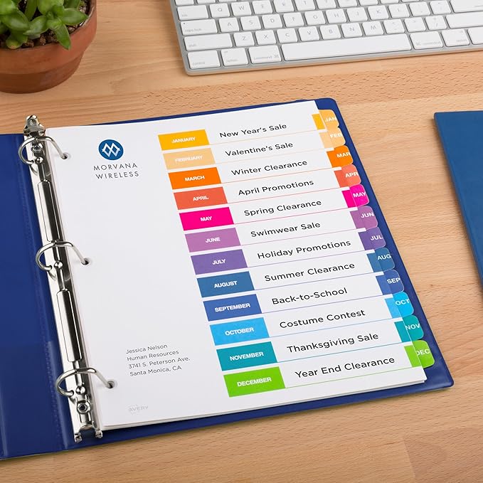 Avery Jan-Dec Dividers for 3 Ring Binders, 12 Tabs per Set, Customizable Table of Contents, Multicolor Tabs, Great for Organizing Reports, Projects, and More (11127)