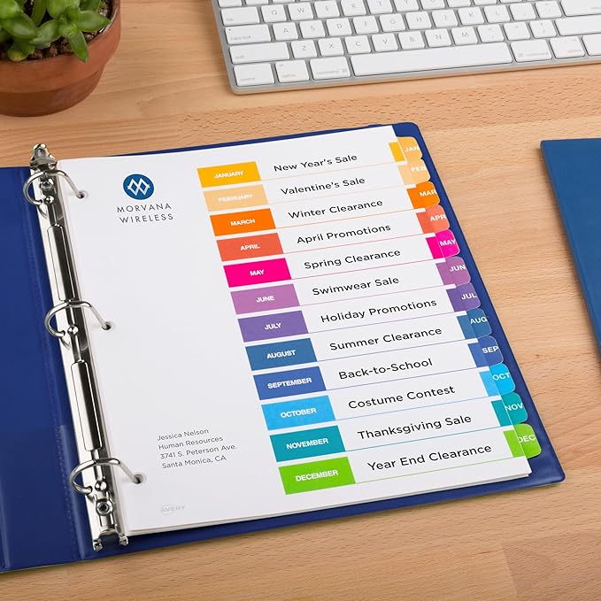 Avery Jan-Dec Dividers for 3 Ring Binders, 12 Tabs per Set, Customizable Table of Contents, Multicolor Tabs, Great for Organizing Reports, Projects, and More (24 Sets of 11127)