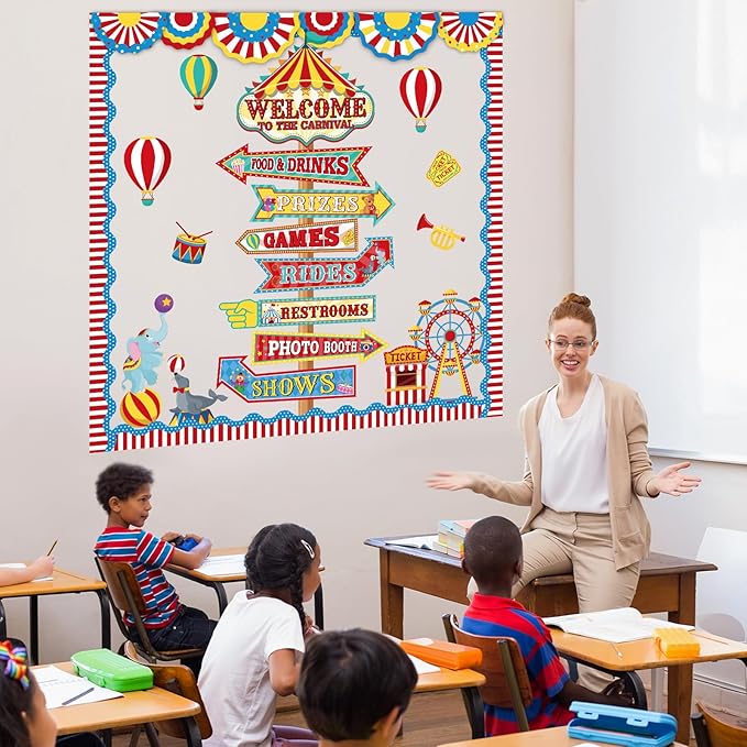 Epakh Circus Bulletin Board Set Welcome to The Carnival Classroom Decorations Carnival Circus Sign Post Paper Cutouts for Door Wall Decor Back to School Office Supplies