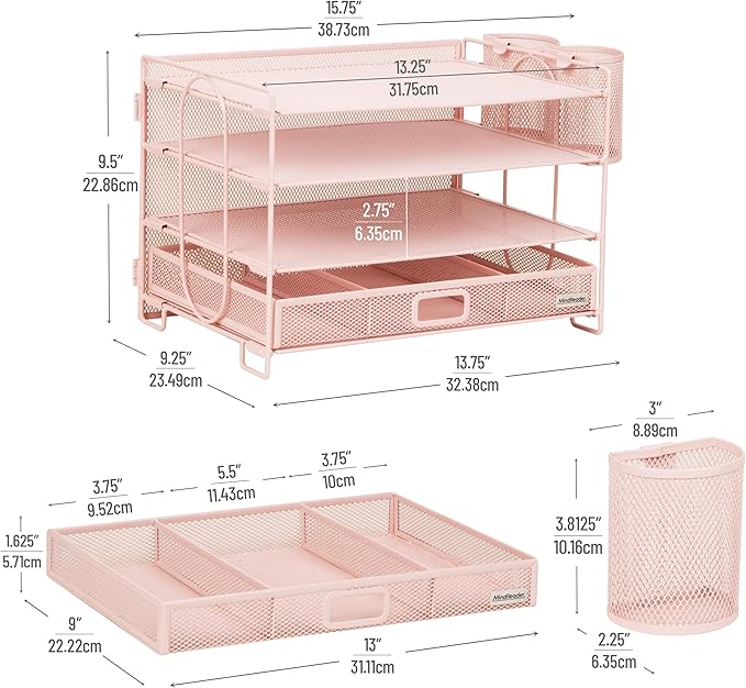 Mind Reader Mesh Desk Organizer, 3 Trays, 1 Drawer, 2 Pen Holders, Office Desktop Organizer, Metal Mesh, Pink