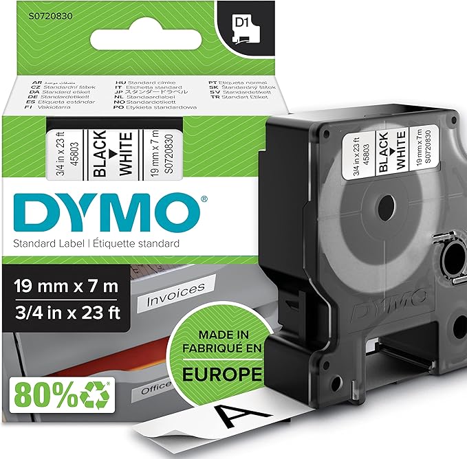 Dymo 45803 D1 Standard Self-Adhesive Labels for LabelManager Printers, 19 mm x 7 m - Black on White