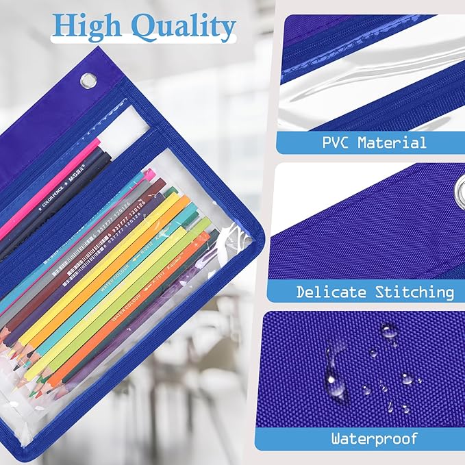 YoeeJob 24 Pack Zipper Pencil Pouches for 3 Ring Binder, 1.5 Inch Expandable with 2 Pockets and Clear Window for School and Office （Blue）