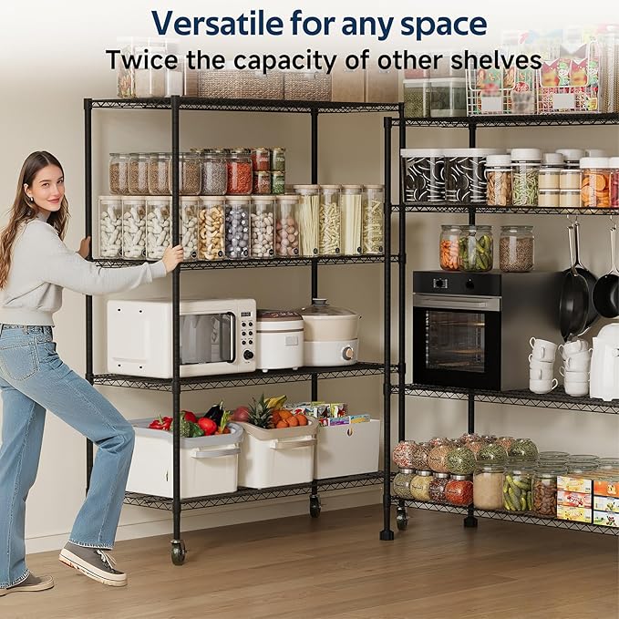 Whitmor 4 Tier Storage Shelves with Wheels, Heavy Duty Metal Shelving Unit, 625 lbs Capacity per Shelf, 2500 lbs Total for Kitchen, Garage, Plant, 55" L x 24" W x 72" H, Black