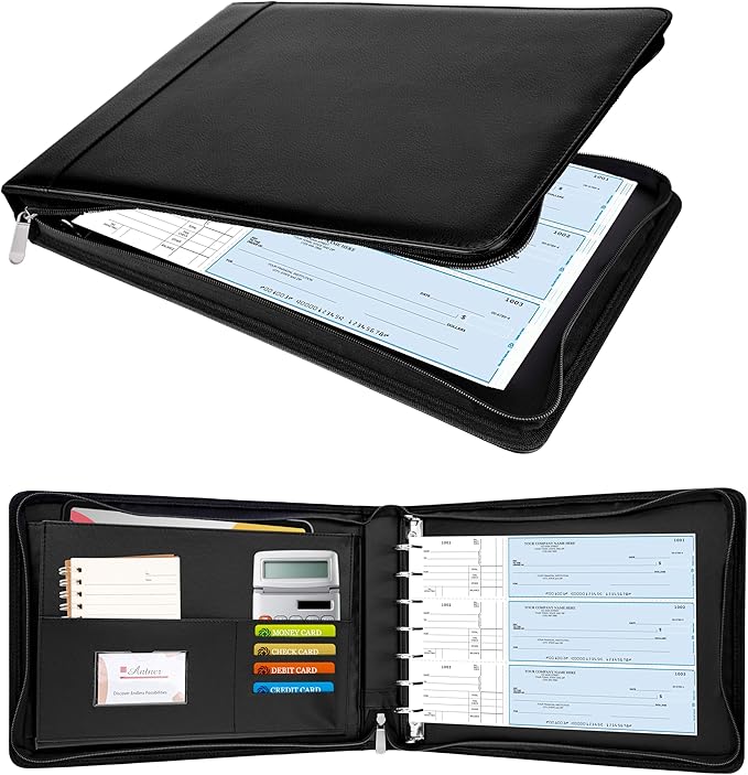 Antner Zippered 7 Ring Business Checkbook Binder Portfolio for 3-on-a-Page Business Checks, 600 Checks Capacity, PU Leather Check Book Binder Cover for 9x13 Sheets, Built-in Storage Organizer, Black