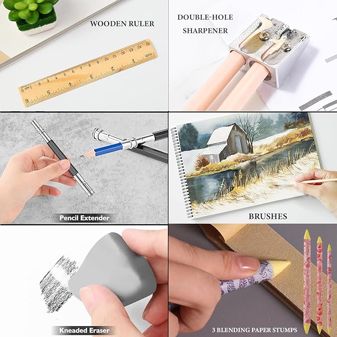 100 Art Supplies Drawing Kit Pro Drawing Supplies Set has 3-Color Sketchbook Coloring book Graphite Colored Charcoal Watercolor Pencils Drawing Set Gifts Case for Artists Adults Family