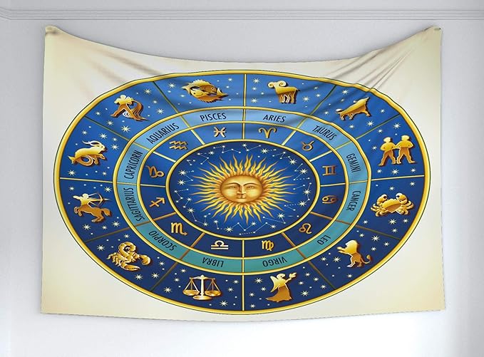 Ambesonne Astrology Tapestry, Wheel of Astrological Signs Names and Dates with Moon Sun in Middle, Fabric Wall Hanging Decor for Bedroom Living Room Dorm, 60" X 40", Blue Yellow and Cream