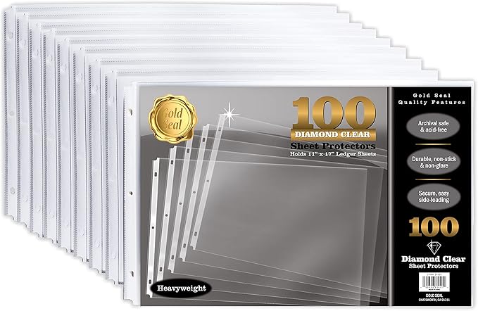 GOLD SEAL 100 Pack 11x17 Inch Heavyweight Diamond Clear Sheet Protectors, Side Loading, Ledger Sheet Protectors,3-Hole Punched