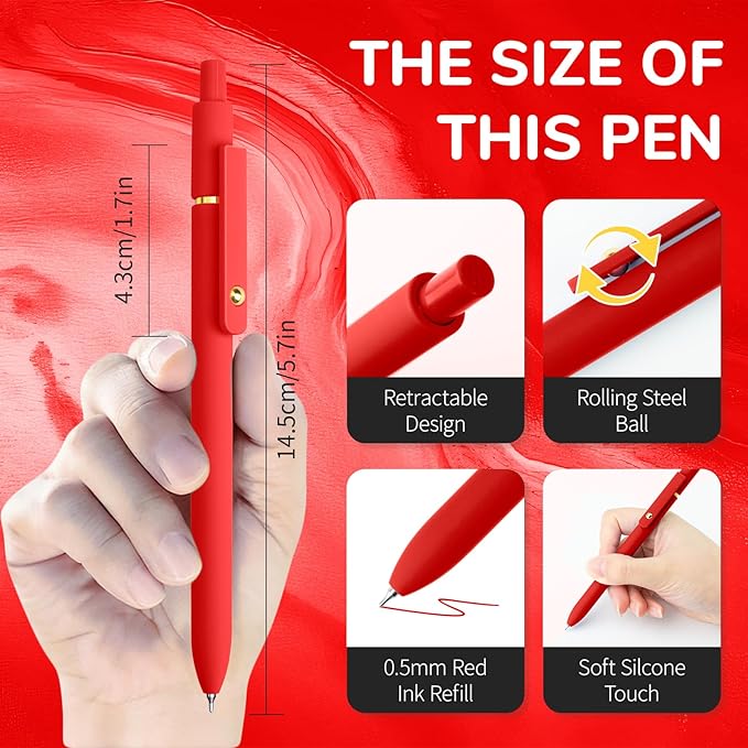 Red Pens, 6 Pcs Red Ink Pens Fine Point Smooth Writing Pens, 0.5mm Colored Ink Gel Pens for Journaling Note Taking, School Supplies Gifts for Women (6 Pcs Gold Red - Red Ink)